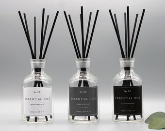 Clear Glass Apothecary Jar Reed Diffuser with White, Grey or Black Label - For Scented Oils | Essential Oils - 250ml/8.45 fl oz