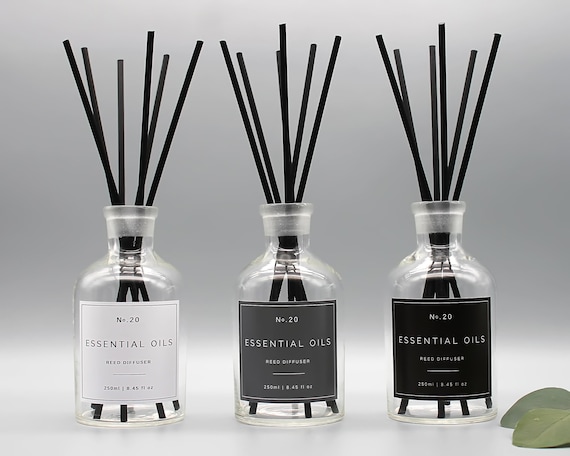 Klarglas Apothekerglas Reed Diffusor mit weißer, grauer oder schwarzer  Beschriftung Für Duftöle Ätherische Öle 250ml/8.45 fl oz - .de