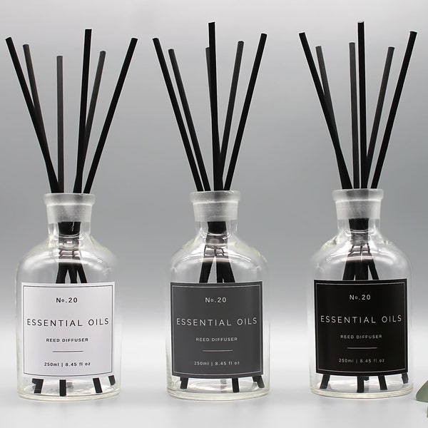 Clear Glass Apothecary Jar Reed Diffuser with White, Grey or Black Label - For Scented Oils | Essential Oils - 250ml/8.45 fl oz