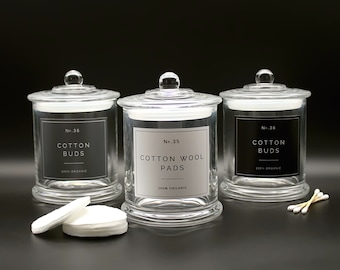 Cotton Buds Holder, Cotton Wool Pads Jar, Cotton Wool Balls Container in Clear Glass with White, Grey or Black Label - Bathroom Storage Jar