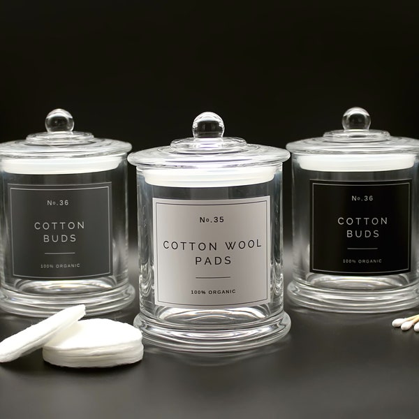 Cotton Buds Holder, Cotton Wool Pads Jar, Cotton Wool Balls Container in Clear Glass with White, Grey or Black Label - Bathroom Storage Jars