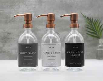 Refillable Plastic Dispenser Bottle: Copper Pump, Vintage Style Label