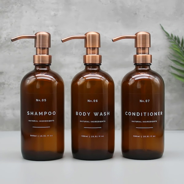 Amber Glass Shampoo Dispenser Bottle: Refillable, Body Wash, Conditioner, Copper Pump