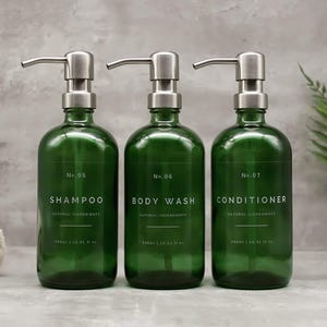 Refillable Green Glass Bathroom Dispenser Bottle: Shampoo, Conditioner, Body Wash with Silver Pump