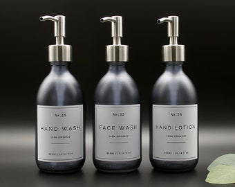 Handwäsche, Handlotion, Gesichtswäsche Spender Flasche aus Rauchgrau Glas mit wasserdichtem Etikett