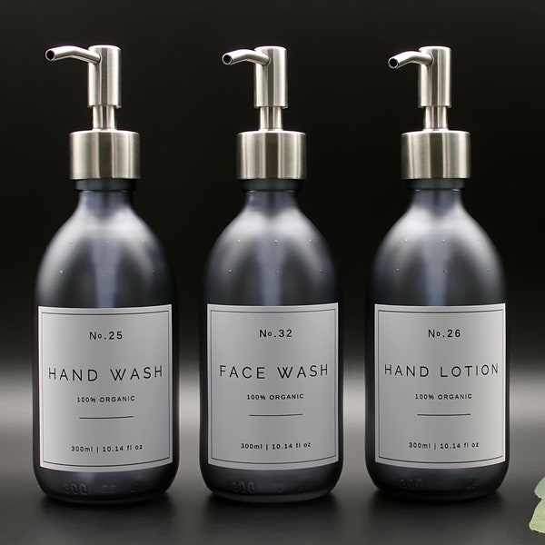 Hand Wash, Hand Lotion, Face Wash Dispenser Bottle in Smoke Grey Glass with Waterproof Label