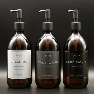 Shampoo Flasche | Nachfüllbarer Braunglas Seifenspender für Shampoo, Conditioner, Body Wash mit schwarzer Metall-Pumpe | Eco Nachfüllung, Badezimmer