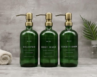 Refillable Green Glass Soap Dispenser Bottle for Shampoo, Conditioner, Body Wash with Brass Gold Metal Pump - Reusable, Eco-friendly