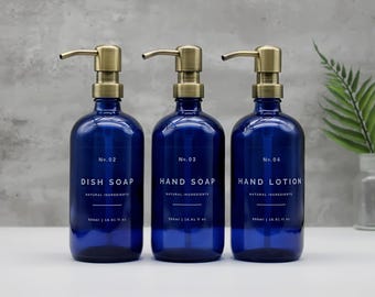 Refillable Blue Glass Soap Dispenser Bottle: Brass Pump, Hand Wash, Lotion, Dish Soap
