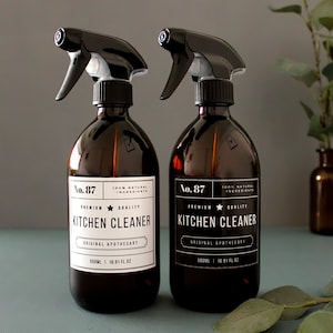 Refillable Amber Glass Spray Bottle with Vintage Kitchen Cleaner Label