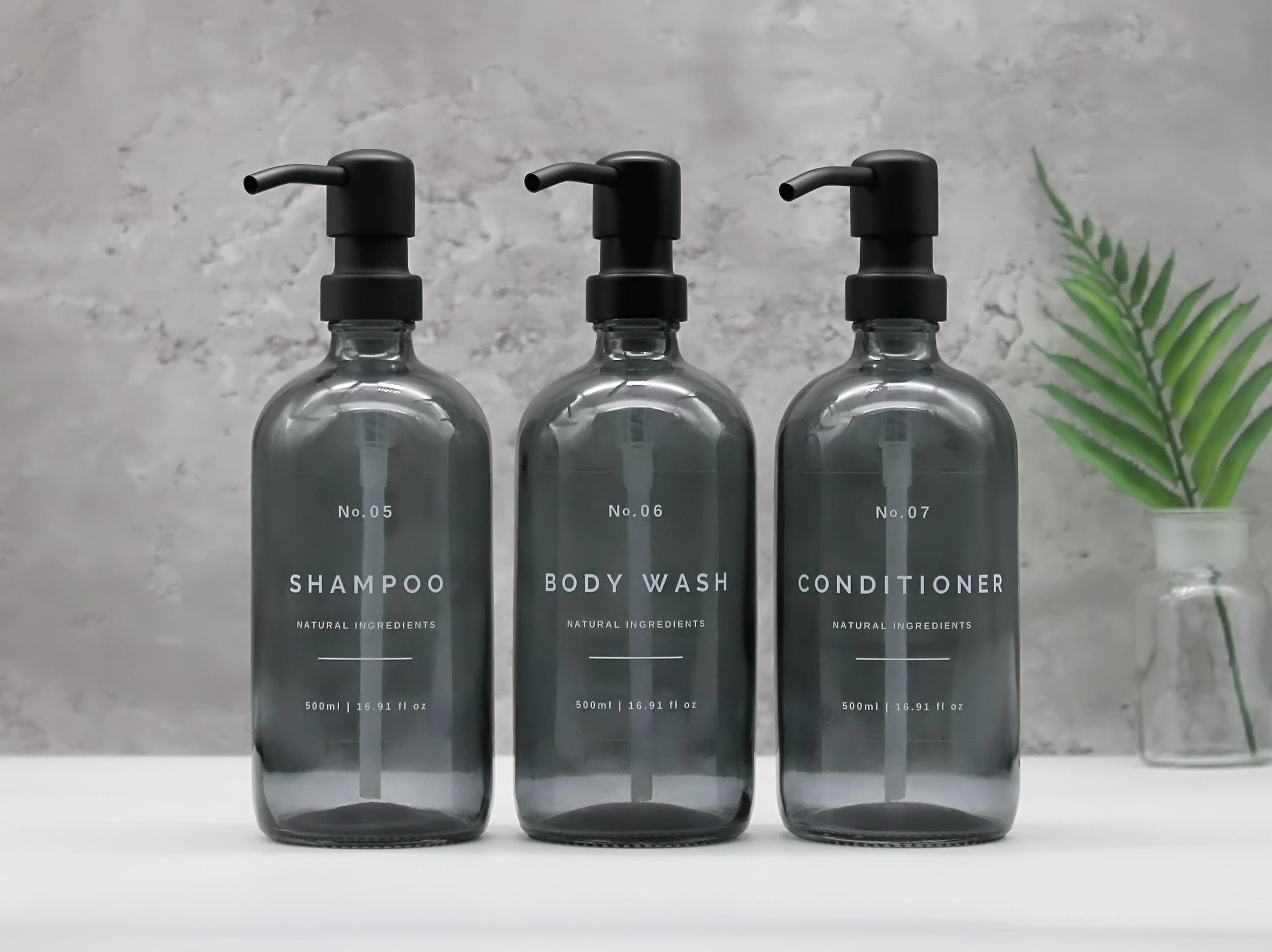 Refillable Grey Glass Dispenser Bottle: Shampoo, Body Wash, Conditioner…