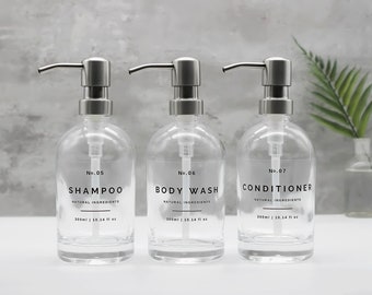Bouteille en verre transparent, distributeur de savon rechargeable avec pompe en métal argenté, pour shampooing, après-shampoing, nettoyant pour le corps - réutilisable, respectueux de l'environnement