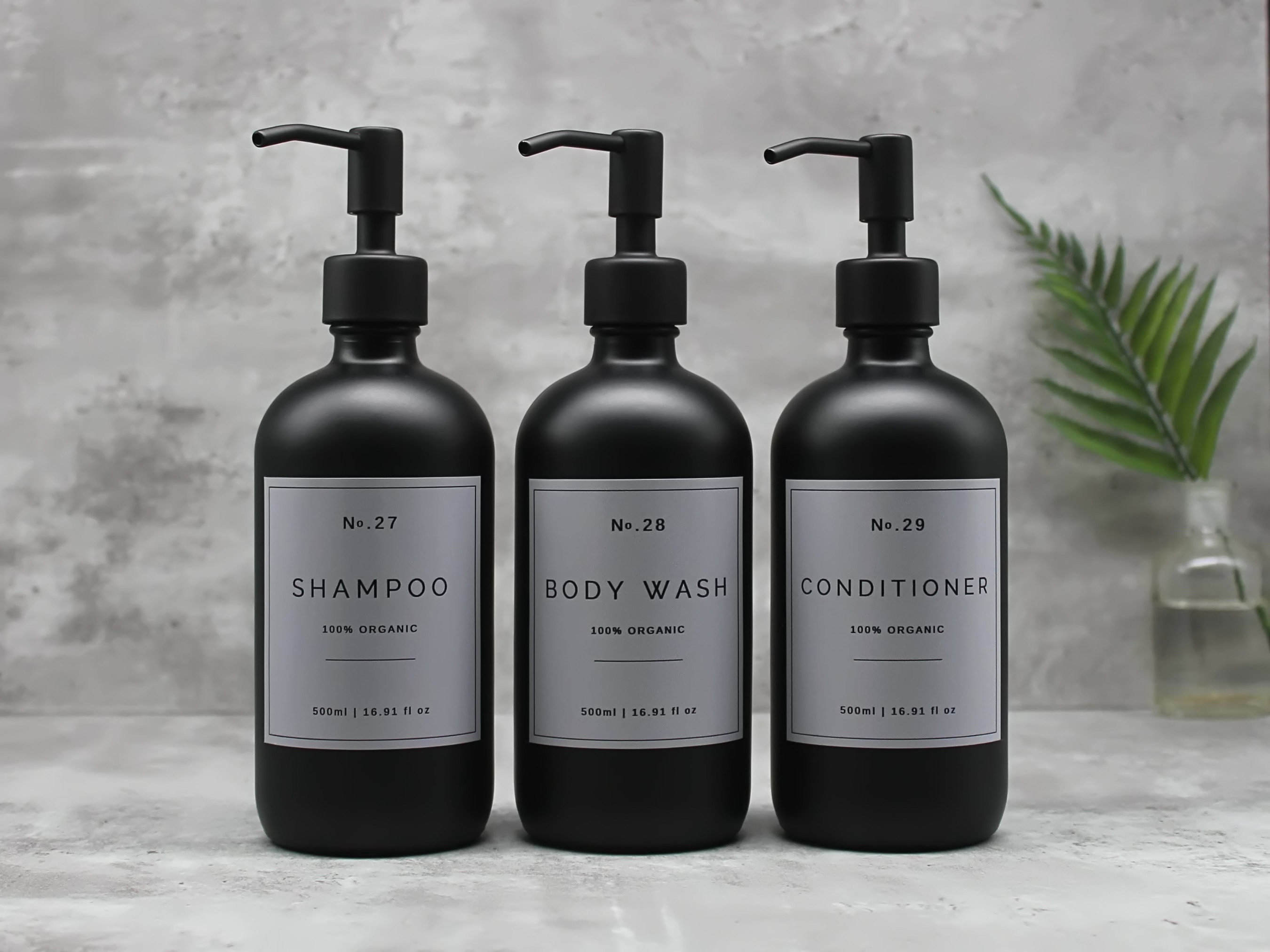 Black Glass Soap Dispenser Bottle with Neutral Coloured Light Grey Waterproof Label and Choice of Metal Pumps | Shampoo, Lotion, Dish Soap