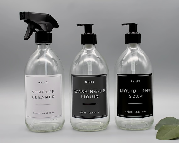 Clear Glass Kitchen Dispenser Bottle: Hand Soap, Washing Up Liquid, Surface Cleaner - 500ml