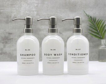 White Glass Bathroom Dispenser Bottle, Refillable with Silver Metal Soap Pump and Waterproof Label, Shampoo, Conditioner, Body Wash