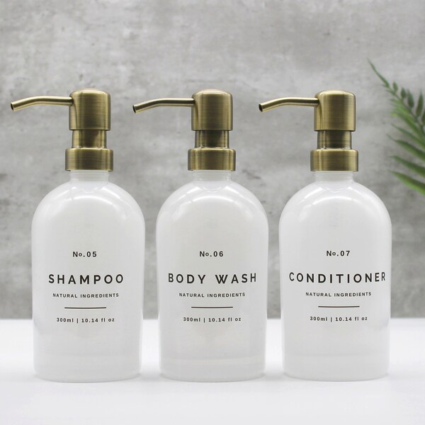 White Glass Bathroom Dispenser Bottle, Refillable with Brass Gold Metal Soap Pump and Waterproof Label, Shampoo, Conditioner, Body Wash