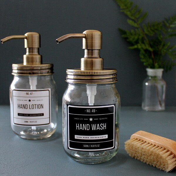 Brass Mason Jar Soap | Lotion Dispenser, 500ml Pump Bottle, Refillable Glass Dish Soap Container, Reusable, Eco Friendly