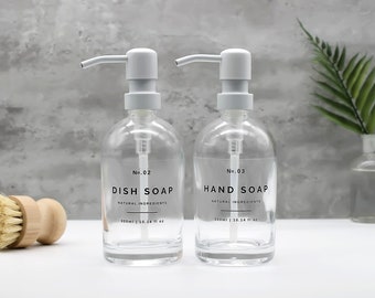 Savon à vaisselle rechargeable, flacon distributeur de savon pour les mains en verre transparent avec pompe en métal blanc - Réutilisable, respectueux de l'environnement