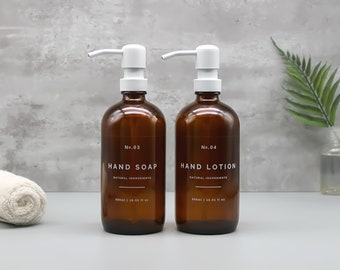Distributeur de savon rechargeable en verre ambré pour le lavage des mains et la lotion pour les mains avec pompe poussoir en métal blanc - Réutilisable, respectueux de l'environnement, imperméable