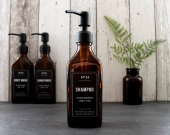 Ensemble de distributeur de pompe à shampoing, bouteille rectangulaire, verre ambré avec étiquette vintage | Escarpin en métal noir mat | Gel douche, revitalisant, idée cadeau