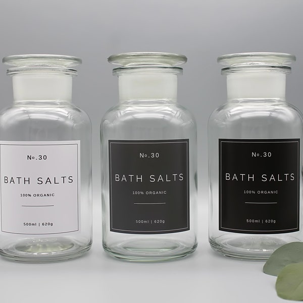 Clear Glass Apothecary Bath Salts Jar 500ml with White | Grey | Black Label - Eco-Friendly | Reusable | Urban | Industrial Bathroom Décor