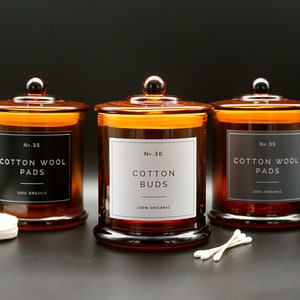Cotton Buds Holder, Cotton Wool Pads Jar, Cotton Wool Balls Container in Amber Glass with White, Grey or Black Label, Bathroom Storage Jar