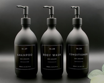 Black Glass Soap Dispenser Bottle with Metal Pump and Waterproof Label, Shampoo, Body Wash, Conditioner, Modern Vintage