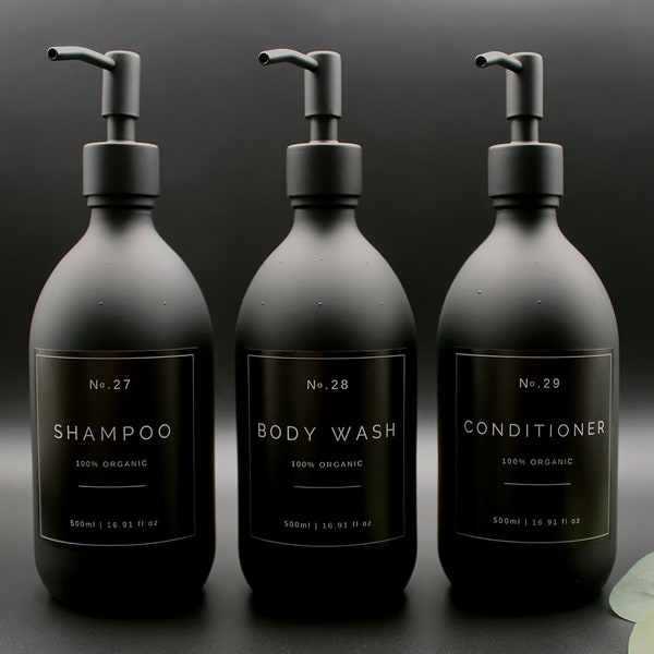 Black Glass Soap Dispenser Bottle with Metal Pump and Waterproof Label, Shampoo, Body Wash, Conditioner, Modern Vintage