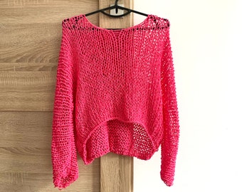 Pink beach cotton top  Pink boho loose top sloppy knit top lax cotton top Ready to ship Size PRE-ORDER