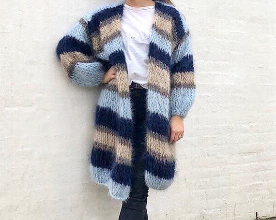 Color Mohair cardigan with a blue and beige stripes Long hand | Etsy