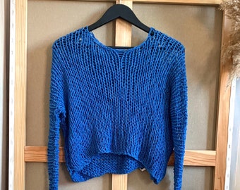 Blue hand knit cotton sweater  Knit cotton top Loose cotton sweater Size M