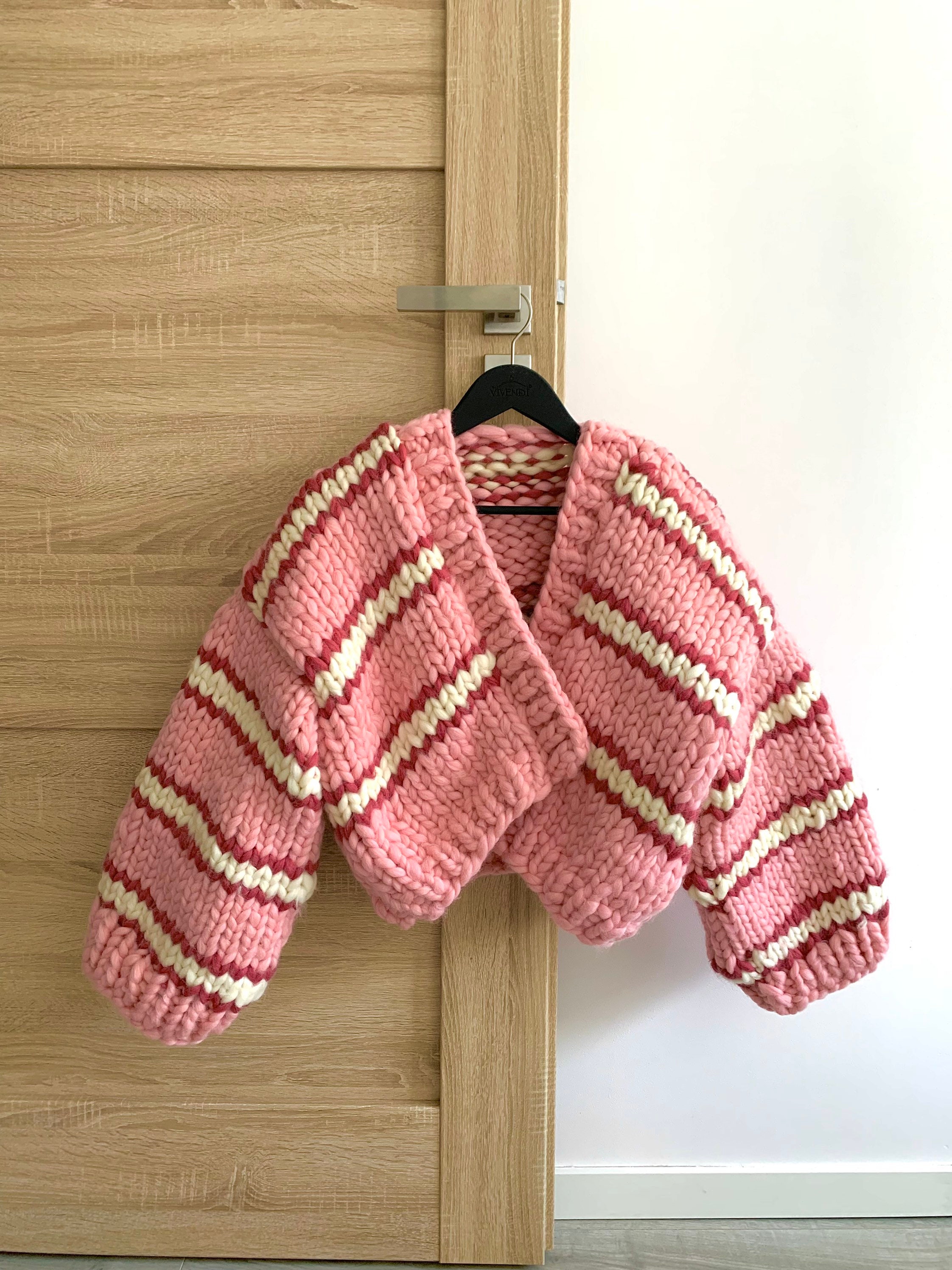 Pink Striped Hand Knit Chunky Cardigan - 100% Merino Wool Hand Knit Cardigan from Chunky Yarn Ready to Ship