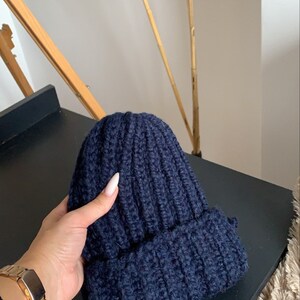 Navy Beanie ready to ship Wool Beanie Arm Knitting hat Hand knit oversized beanie image 2