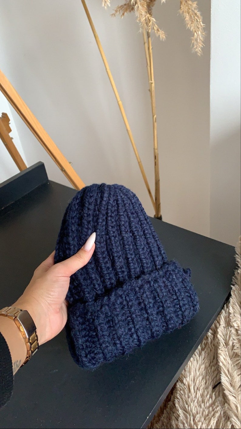 Navy Beanie ready to ship Wool Beanie Arm Knitting hat Hand knit oversized beanie image 2