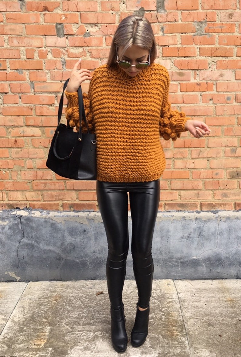 Bobble sweater Chunky arm knit sweater Yellow sweater Etsy