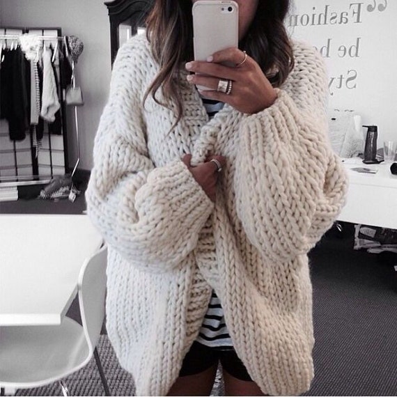 Hand Knit OF White Chunky Cardigan Long Cardigan From Chunky - Etsy UK