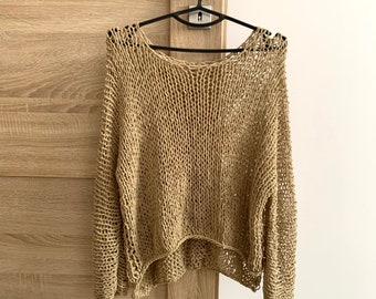 Beige knit cotton sweater - Hand Knit cotton women sweater - Loose cotton sweater  - Arm Knitting women pullover  - Loose natural women top