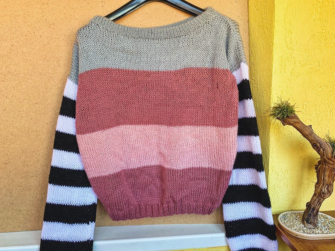 Striped arm knit sweater Hand Knit color set women sweater Etsy