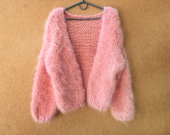 Mohair coral cardigan - Hand Knit women cardigan - Angora Wool cardigan - Arm Knitting women jaket - Oversize Mohair cardigan