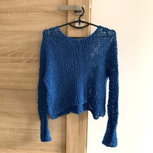 Cocoa knit cotton sweater Hand Knit cotton women sweater Loose cotton sweater Arm Knitting women pullover Loose natural women top Blue