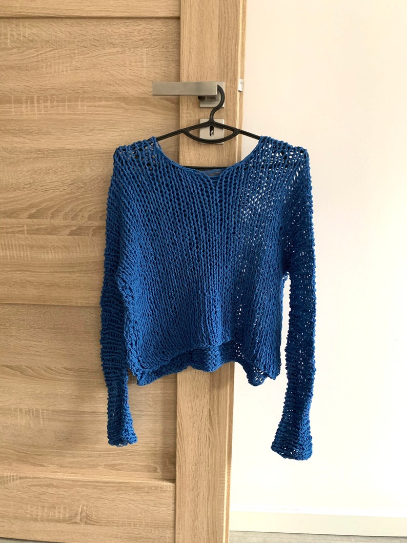 Cocoa knit cotton sweater Hand Knit cotton women sweater Loose cotton sweater Arm Knitting women pullover Loose natural women top Blue