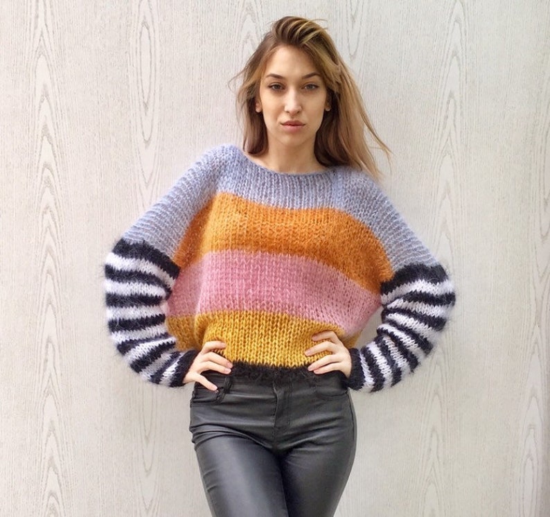 Mohair Striped Arm Knit Sweater Hand Knit Color Set Women | Etsy