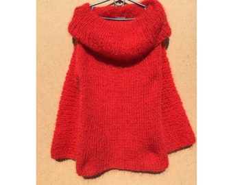 Red mohair sweater with a long collar Red sweater - Hand Knit mohair women sweater - Slim knot sweater -Angora Wool sweater  - Arm Knitting