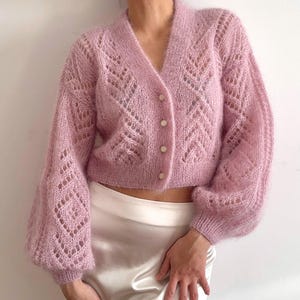 Pink powder Kid Mohair cardigan with silk Handmade short cardigan Buff sleeves cardigan Cardigan with buttons Hand knitted sweater
