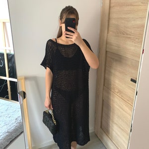 Long black knit cotton tunic Hand Knit cotton women long dress - Loose cotton boho tunic Oversized One size PRE-ORDER