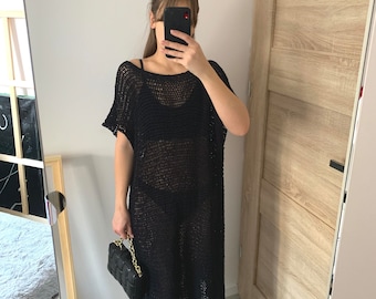 Long black knit cotton tunic Hand Knit cotton women long dress - Loose cotton boho tunic Oversized One size PRE-ORDER