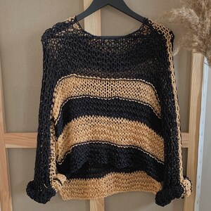 Schwarzes Oversized Top mit beige Streifen Lockeres Top aus Baumwolle Versandfertig Größe M