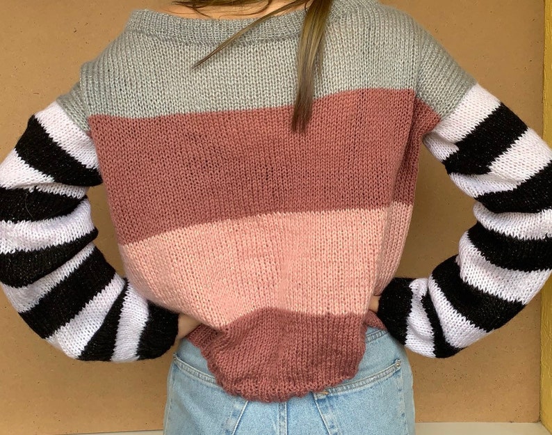 Striped Arm Knit Sweater Hand Knit Color Set Women Sweater Etsy