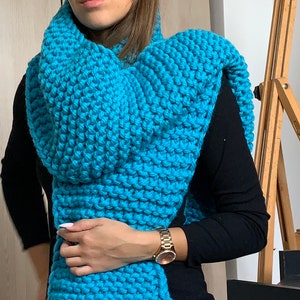 Blue Long huge wool scarf - arm knit wool scarf - long knit scarf 2 meters scarf Chunky knit 100% merino wool