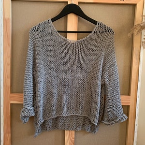 Grey knit cotton sweater Hand Knit cotton women sweater Loose cotton sweater Arm Knitting women pullover Loose natural women top image 1